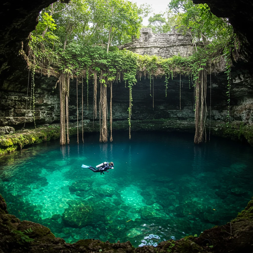Swimming in Cenote Maya